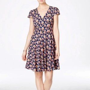 Navy Blue and Pink Roses Fit and Flare Cap Sleeve Dress - Betsy Johnson- Size 12